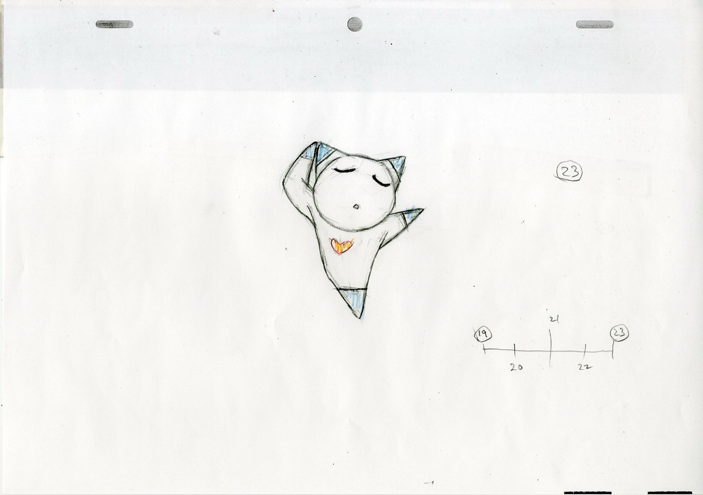 Original pencil drawing of Clione on animation paper — sheet 23, with hand-drawn timing chart