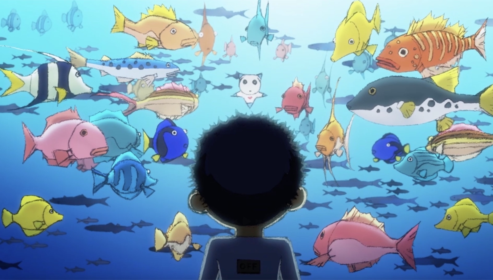 A crowd of fish in blue water, with Clione drifting among them