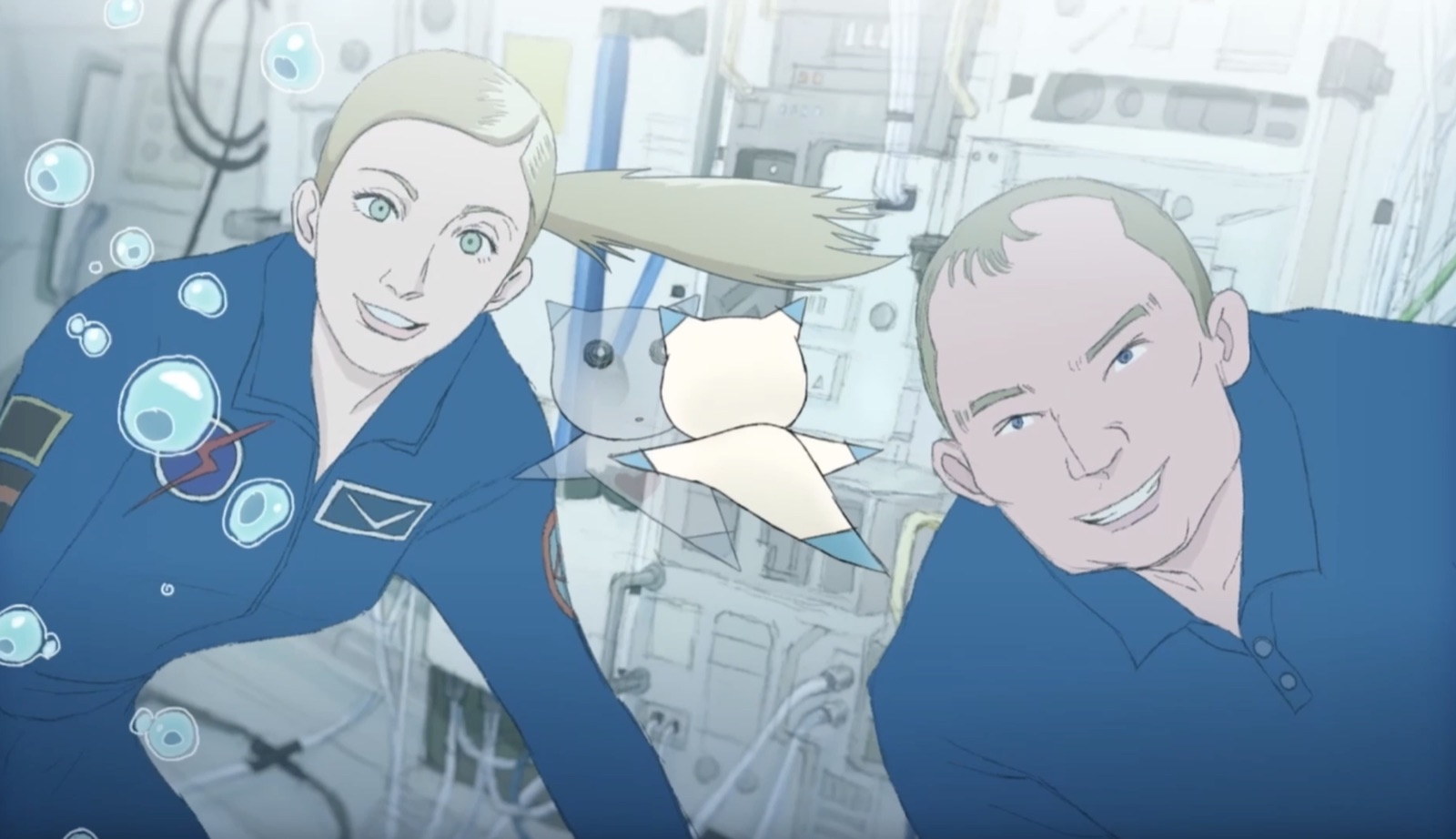 Two astronauts floating in a space station, with Clione drifting between them